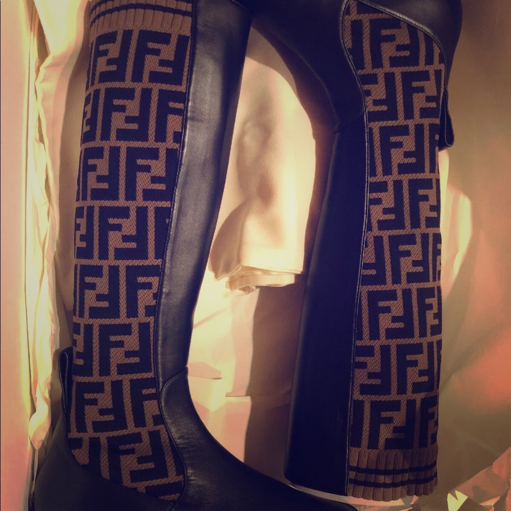 New Fendi Rockoko Logo Sock Knee High Boot 36.5